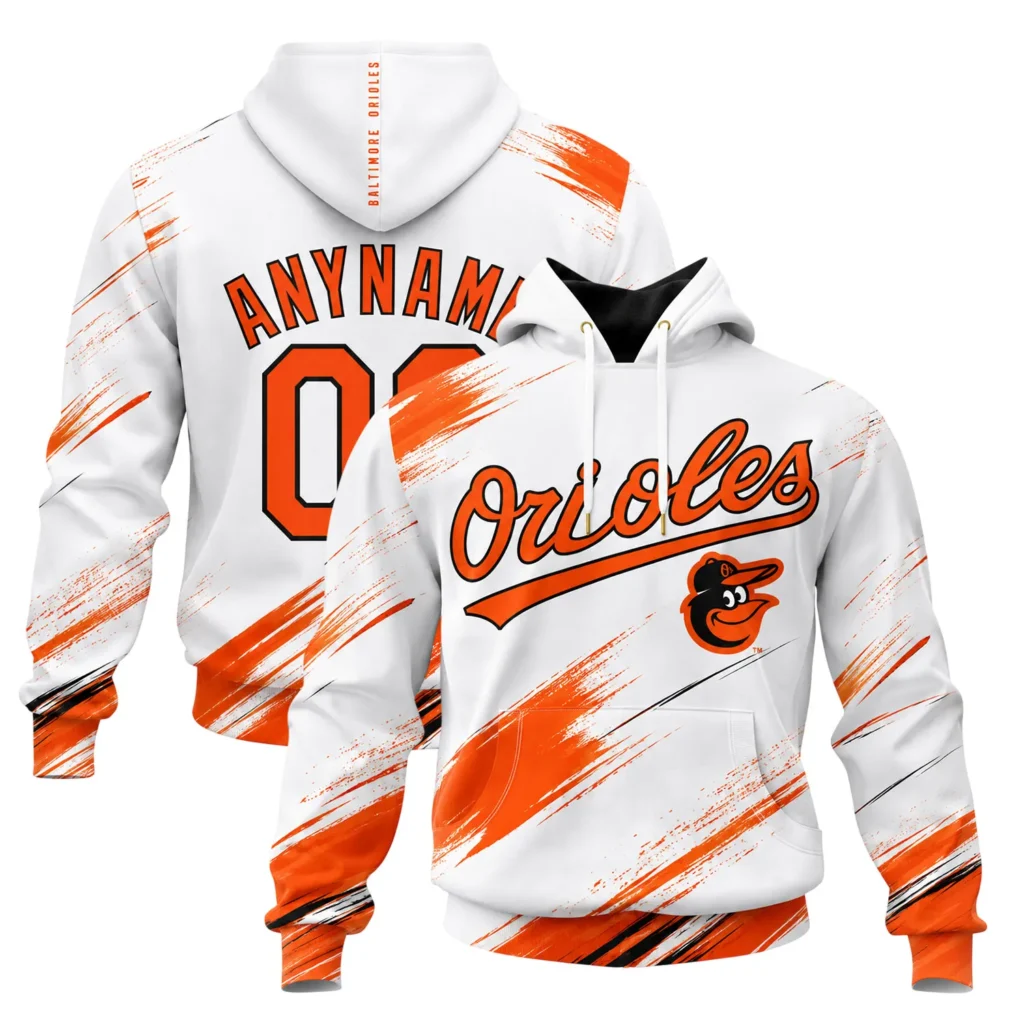 Baltimore Orioles White Hoodie Bold Custom Name and Number