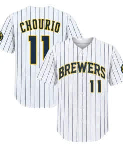 Jackson Chourio Brewers White Jersey Bold Pinstripe Style