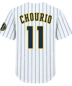 Jackson Chourio Brewers White Jersey Bold Pinstripe Style