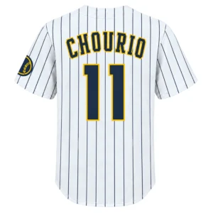 Jackson Chourio Brewers White Jersey Bold Pinstripe Style