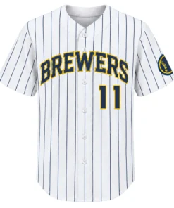 Jackson Chourio Brewers White Jersey Bold Pinstripe Style