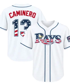 Rays Fan Jersey Junior Caminero Patriotic Bold Game Style