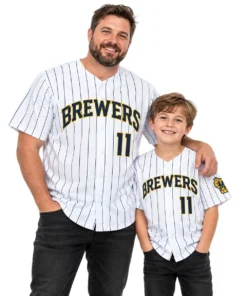 Brewers Jackson Chourio White Jersey Dynamic Home Style Dad and Son