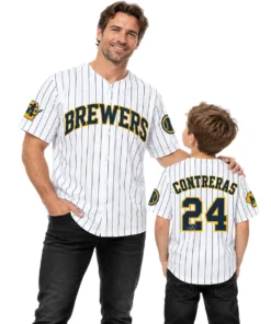 Brewers William Contreras Jersey Women 2026 Bold Pinstripe Style Dad and Son