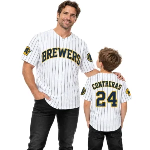 Brewers William Contreras Jersey Women 2026 Bold Pinstripe Style Dad and Son