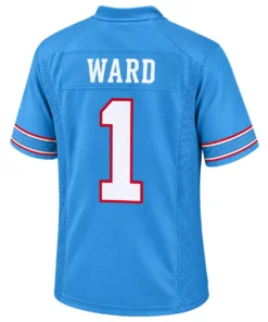 Back view of Cam Ward Titans home jersey featuring WARD lettering and white number 1 outlined in red
