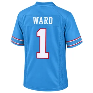 Back view of Cam Ward Titans home jersey featuring WARD lettering and white number 1 outlined in red