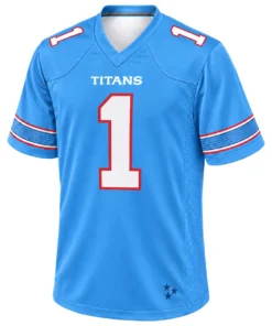 Front view of Cam Ward Tennessee Titans blue home football jersey with white number 1, red outlines and striped sleeves
