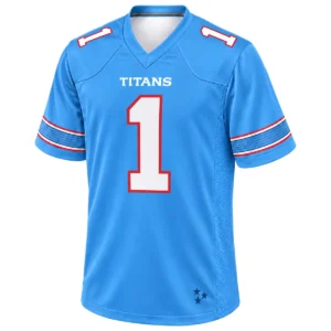 Front view of Cam Ward Tennessee Titans blue home football jersey with white number 1, red outlines and striped sleeves