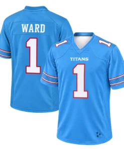 Cam Ward Tennessee Titans Home Jersey front and back views with TITANS chest lettering, WARD name and number 1