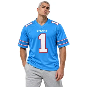 Male model wearing Cam Ward Tennessee Titans blue jersey with white number 1 and red-trimmed sleeves