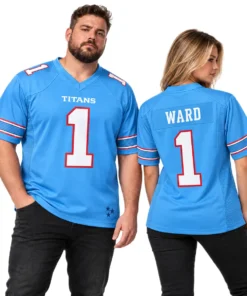 Man and woman wearing matching Cam Ward Titans blue jerseys, showing front number 1 and WARD back lettering