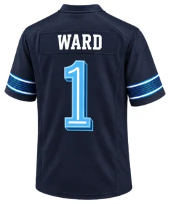 Back view of Cam Ward Tennessee Titans navy jersey featuring WARD lettering and outlined light blue number 1