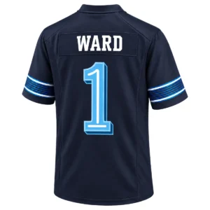 Back view of Cam Ward Tennessee Titans navy jersey featuring WARD lettering and outlined light blue number 1