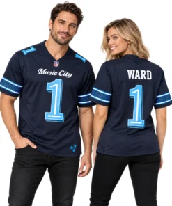 Man and woman wearing matching Cam Ward navy Titans jerseys showing Music City front design and WARD number 1 back