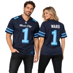 Man and woman wearing matching Cam Ward navy Titans jerseys showing Music City front design and WARD number 1 back