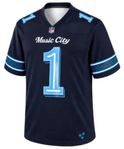 Front view of Cam Ward Titans navy football jersey with Music City script, light blue number 1 and striped sleeves