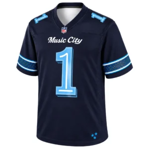 Front view of Cam Ward Titans navy football jersey with Music City script, light blue number 1 and striped sleeves