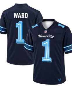 Cam Ward Titans Rivalries Navy Jersey front and back views featuring Music City lettering, WARD name and number 1