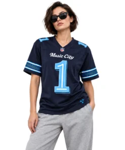 Woman wearing Cam Ward Titans Rivalries navy jersey with sunglasses, Music City script and light blue number 1