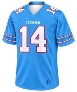 Front view of Carnell Tate Titans blue football jersey with white number 14, red outlines and striped sleeves