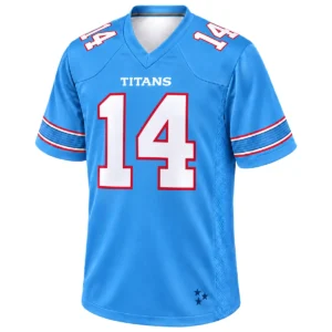 Front view of Carnell Tate Titans blue football jersey with white number 14, red outlines and striped sleeves