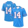 Carnell Tate Tennessee Titans Blue Jersey front and back views featuring TITANS lettering, TATE name and white number 14