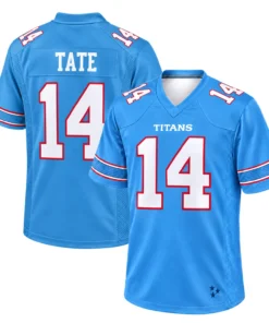 Carnell Tate Tennessee Titans Blue Jersey front and back views featuring TITANS lettering, TATE name and white number 14