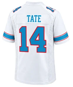 Back view of Carnell Tate Titans white jersey featuring TATE lettering and large blue number 14 outlined in red