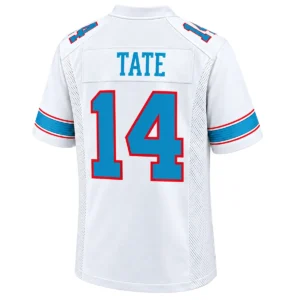 Back view of Carnell Tate Titans white jersey featuring TATE lettering and large blue number 14 outlined in red