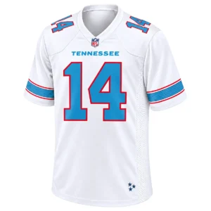 Front view of white Carnell Tate Tennessee Titans football jersey with blue number 14, red outlines and striped sleeves