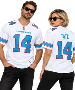 Man and woman modeling matching white Carnell Tate Titans jerseys, showing the number 14 front and TATE 14 back