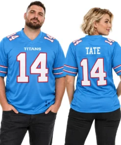 Carnell Tate Tennessee Titans Blue Jersey front and back views featuring TITANS lettering, TATE name and white number 14
