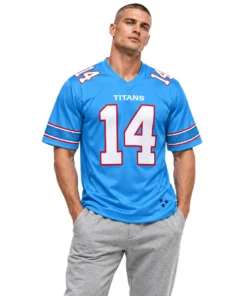 Male model wearing a Titans blue football jersey with white number 14, shoulder numbers and red-trimmed sleeves