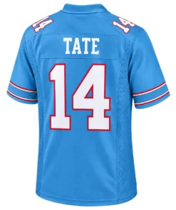 Back view of blue Tennessee Titans jersey with TATE lettering and large white number 14 outlined in red