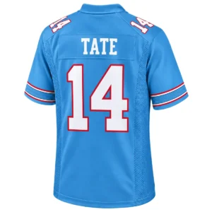 Back view of blue Tennessee Titans jersey with TATE lettering and large white number 14 outlined in red