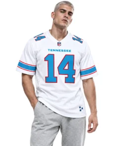 Male model wearing white Titans football jersey with number 14, blue shoulder numbers and red-trimmed sleeve stripes