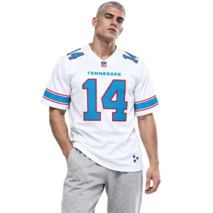 Male model wearing white Titans football jersey with number 14, blue shoulder numbers and red-trimmed sleeve stripes