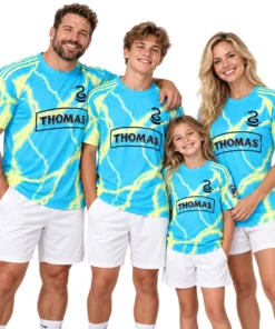 Family wearing matching Cavan Sullivan cyan Philadelphia Union No. 6 jerseys
