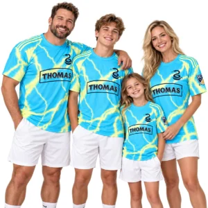 Family wearing matching Cavan Sullivan cyan Philadelphia Union No. 6 jerseys