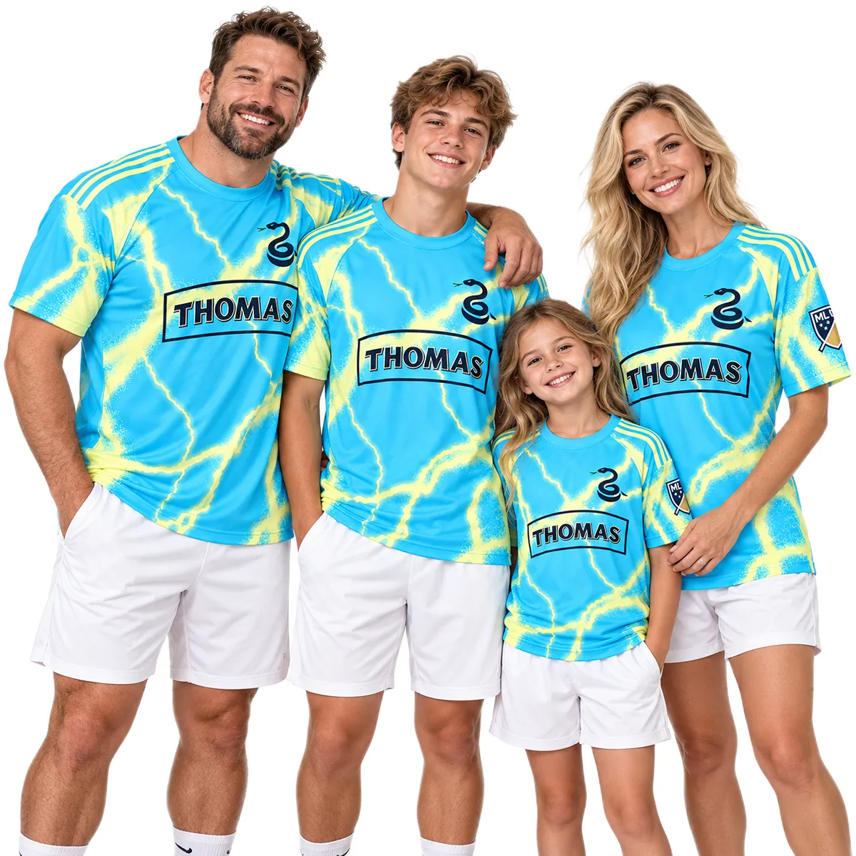 Family wearing matching Cavan Sullivan cyan Philadelphia Union No. 6 jerseys