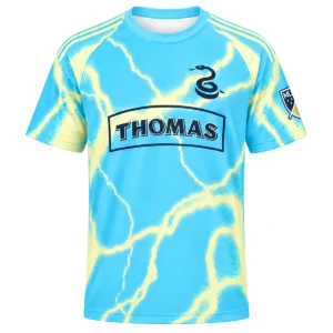 Cavan Sullivan 2026 Away Jersey front in cyan with yellow lightning graphics, snake emblem and THOMAS' wordmark