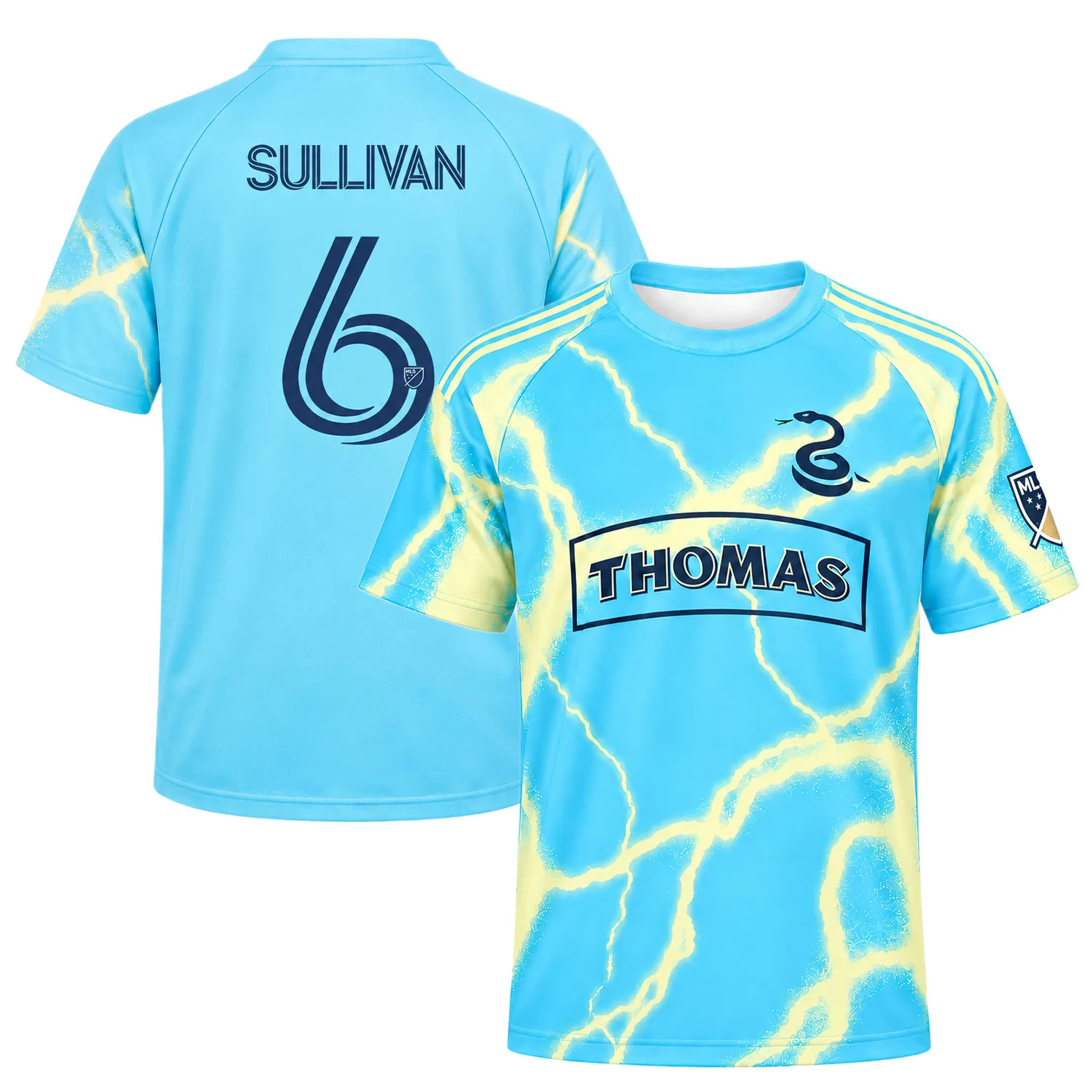 Front and back of Cavan Sullivan cyan away soccer jersey with lightning print and Sullivan No. 6