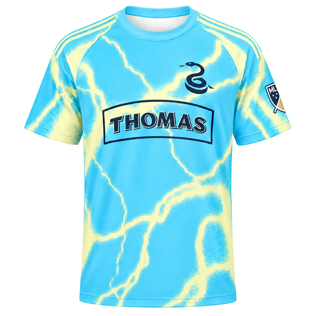 Cavan Sullivan 2026 Away Jersey front in cyan with yellow lightning graphics, snake emblem and THOMAS' wordmark