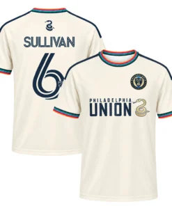 Front and back views of cream Philadelphia Union Sullivan No. 6 third jersey with colorful trim