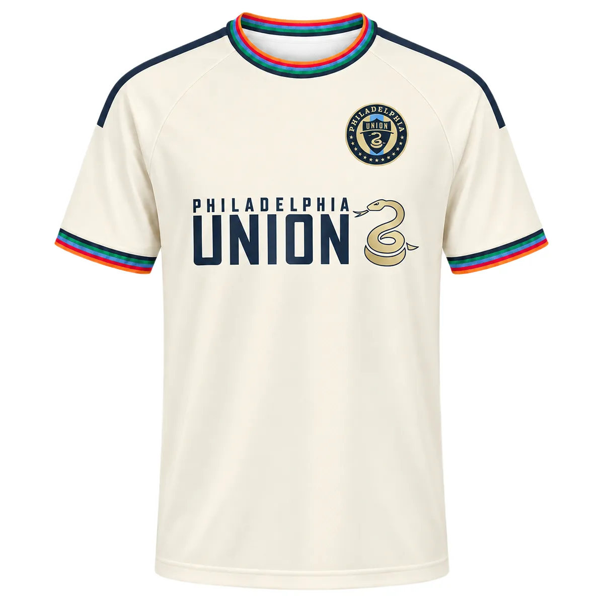 Cavan Sullivan 2026 Third Jersey front in cream with rainbow trim, Philadelphia Union crest and gold snake graphic