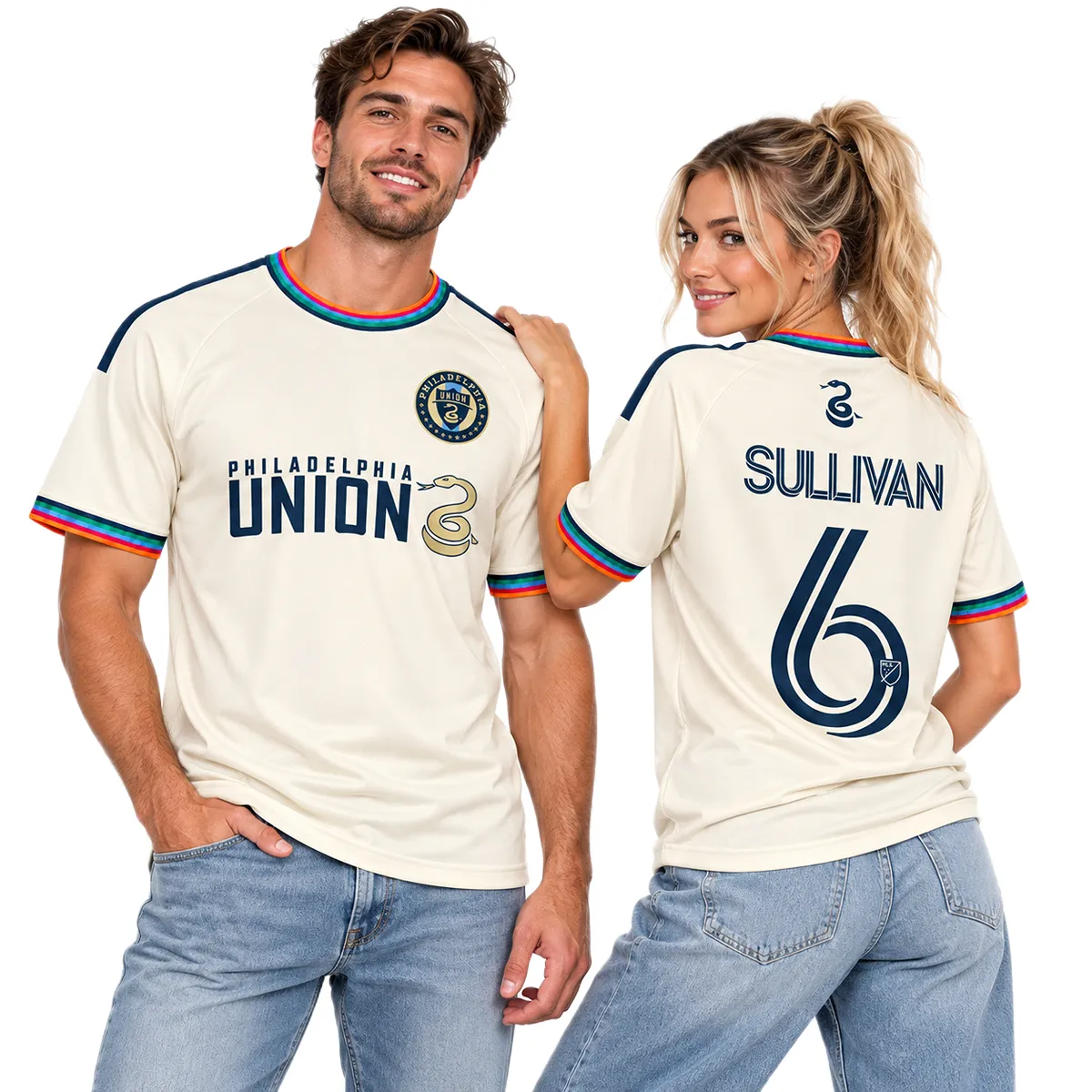 Men and women wearing cream Cavan Sullivan Philadelphia Union third jersey with navy-and-gold chest graphics