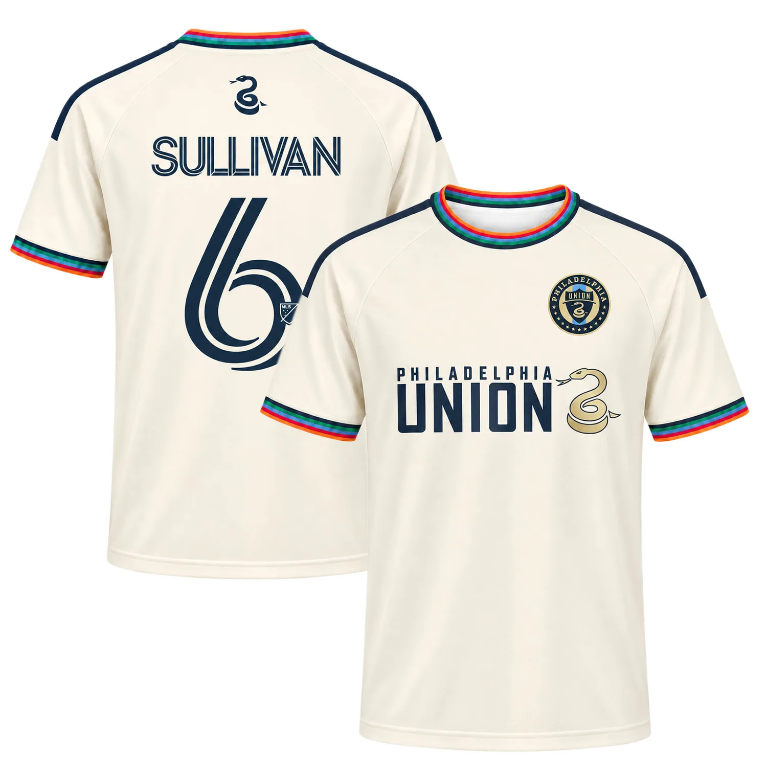 Front and back views of cream Philadelphia Union Sullivan No. 6 third jersey with colorful trim