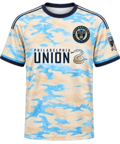 Cavan Sullivan Jersey Youth front with cream-blue camo, Philadelphia Union crest and gold snake graphic