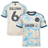 Front and back of cream and sky-blue Philadelphia Union Sullivan No. 6 youth jersey